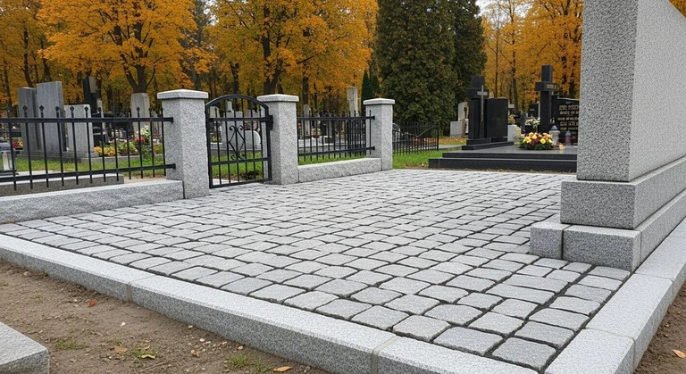 Благоустройство захоронений в Ульяновске — мощение гранитной плиткой, цоколь и ограда на ухоженном участке