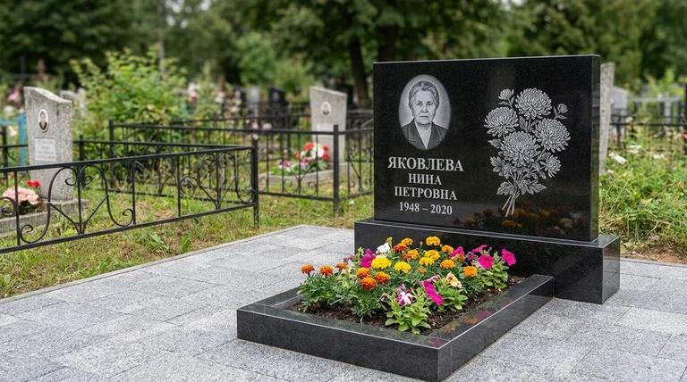 Гравировка хризантем на памятник в Ульяновске — пример работы на граните