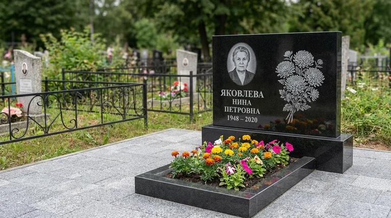 Памятник с гравировкой хризантем — выполненная работа «Соколов» в Ульяновске
