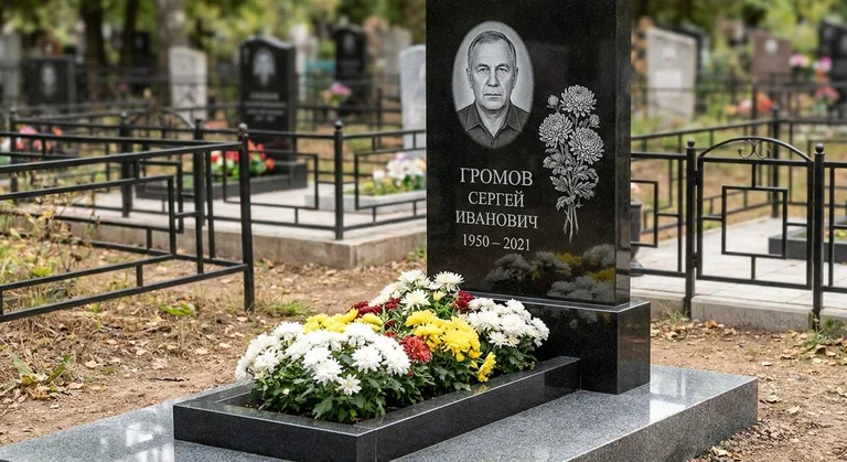 Памятник с гравировкой хризантем — выполненная работа «Громов» в Ульяновске