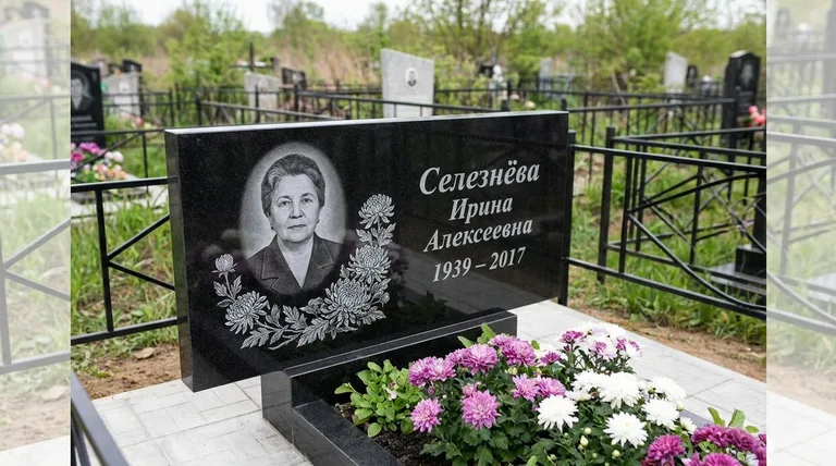 Памятник с гравировкой хризантем — выполненная работа «Селезнёва» в Ульяновске