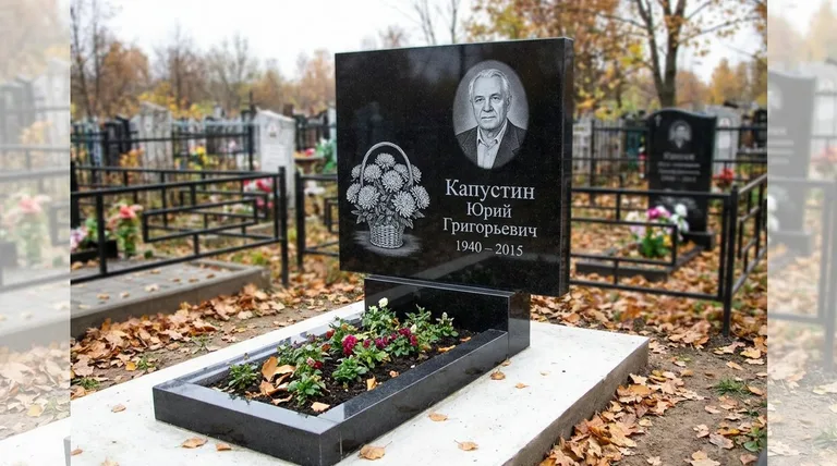 Памятник с гравировкой хризантем — выполненная работа «Капустин» в Ульяновске