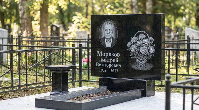 Памятник с гравировкой хризантем — выполненная работа «Морозов» в Ульяновске