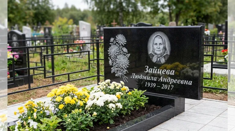 Памятник с гравировкой хризантем — выполненная работа «Зайцева» в Ульяновске