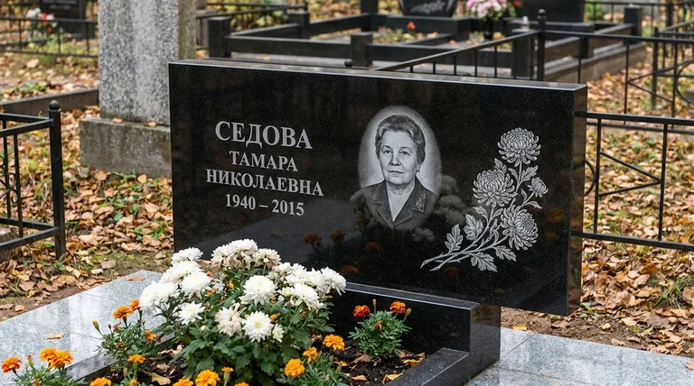 Памятник с гравировкой хризантем — выполненная работа «Седова» в Ульяновске