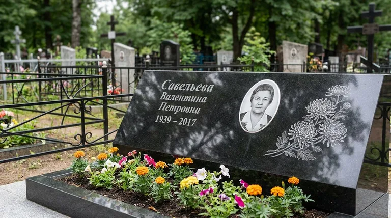Памятник с гравировкой хризантем — выполненная работа «Савельева» в Ульяновске