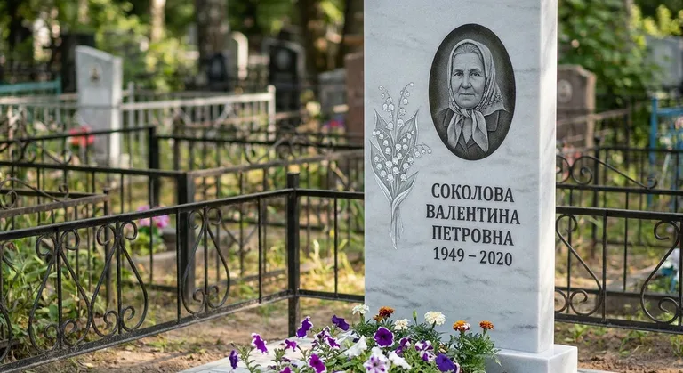Памятник с гравировкой ландышей — выполненная работа «Соколова» в Ульяновске
