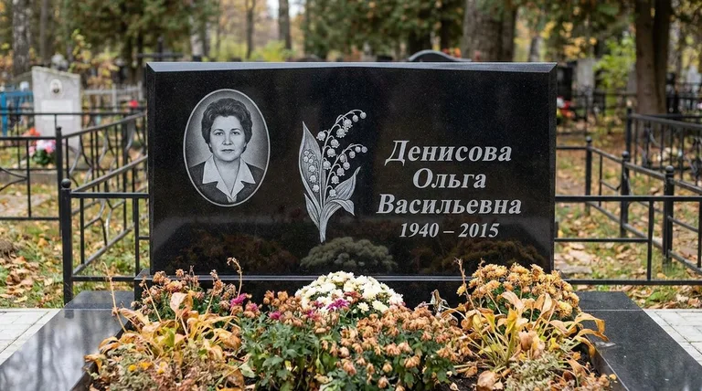 Памятник с гравировкой ландышей — выполненная работа «Денисова» в Ульяновске