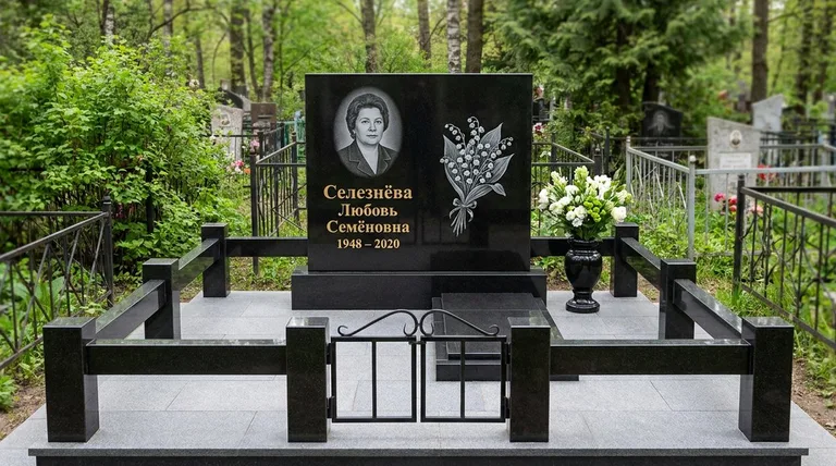 Памятник с гравировкой ландышей — выполненная работа «Селезнёва» в Ульяновске