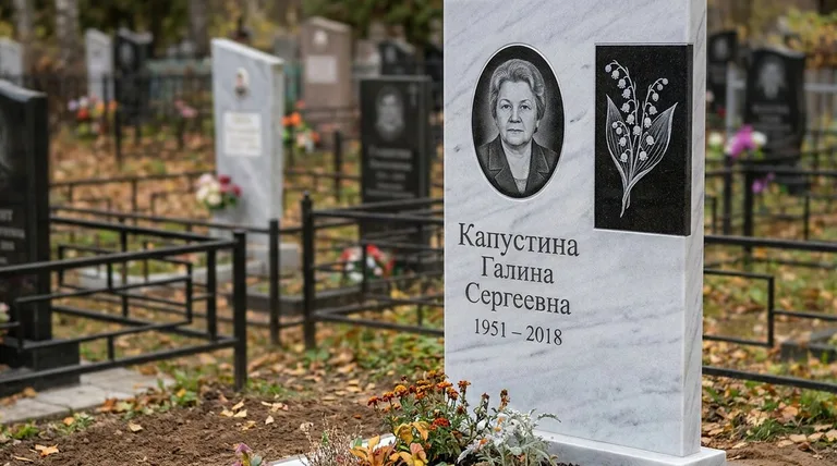 Памятник с гравировкой ландышей — выполненная работа «Капустина» в Ульяновске
