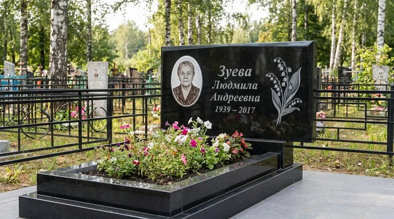 Памятник с гравировкой ландышей — выполненная работа «Зуева» в Ульяновске