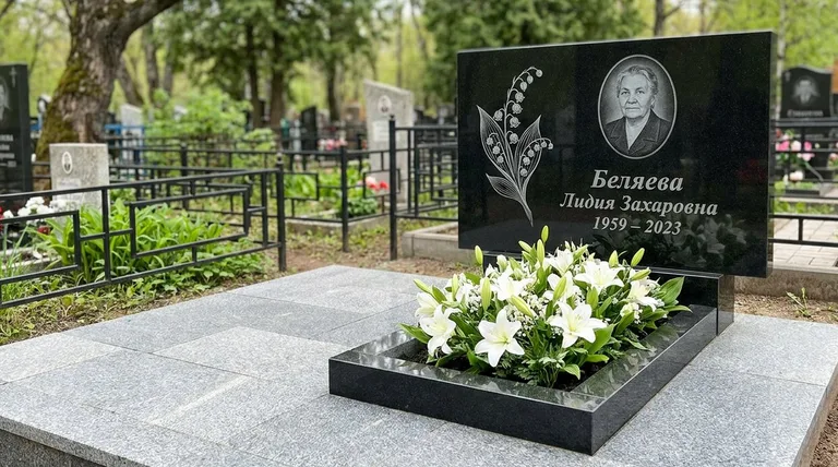 Памятник с гравировкой ландышей — выполненная работа «Беляева» в Ульяновске