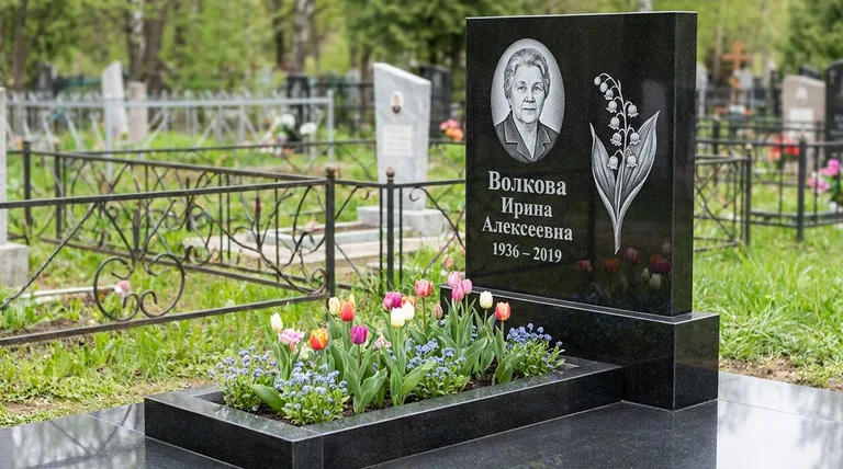 Памятник с гравировкой ландышей — выполненная работа «Волкова» в Ульяновске