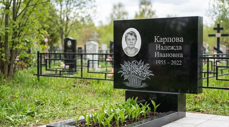 Памятник с гравировкой ландышей — выполненная работа «Карпова» в Ульяновске