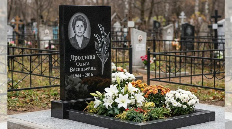 Памятник с гравировкой ландышей — выполненная работа «Дроздова» в Ульяновске