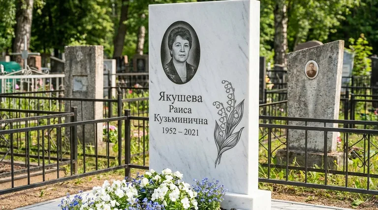 Памятник с гравировкой ландышей — выполненная работа «Якушева» в Ульяновске