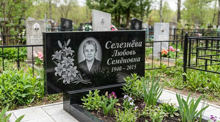 Памятник с гравировкой лилий — выполненная работа «Селезнёва» в Ульяновске