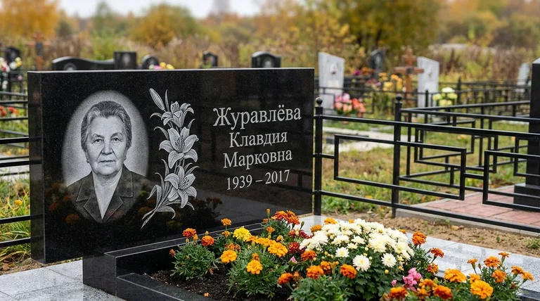 Памятник с гравировкой лилий — выполненная работа «Журавлёва» в Ульяновске