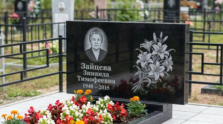 Памятник с гравировкой лилий — выполненная работа «Зайцева» в Ульяновске