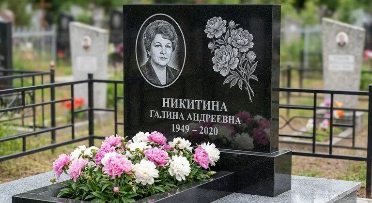 Памятник с гравировкой пионов — выполненная работа «Никитина» в Ульяновске