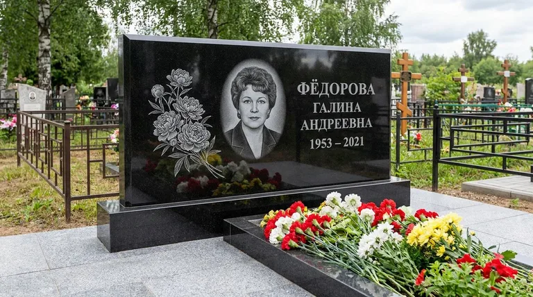 Памятник с гравировкой пионов — выполненная работа «Фёдорова» в Ульяновске