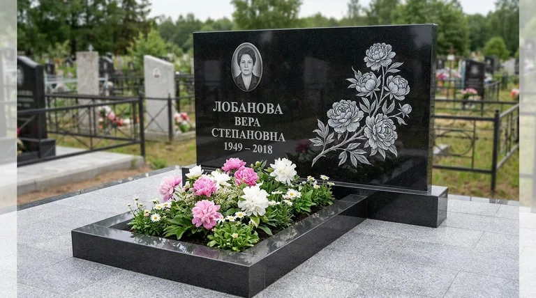 Памятник с гравировкой пионов — выполненная работа «Лобанова» в Ульяновске