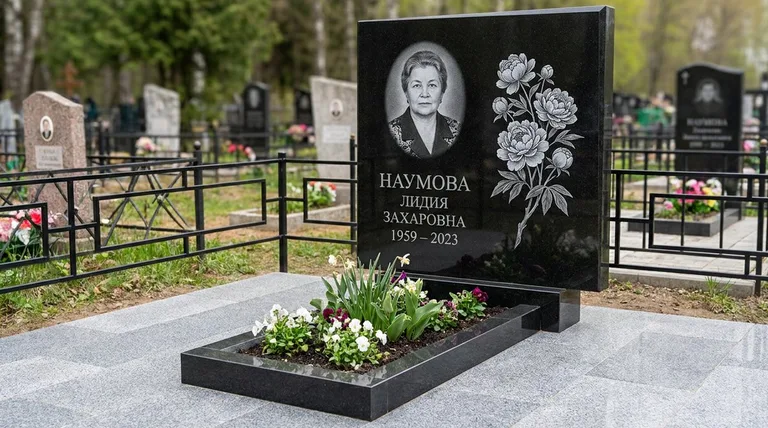 Памятник с гравировкой пионов — выполненная работа «Наумова» в Ульяновске