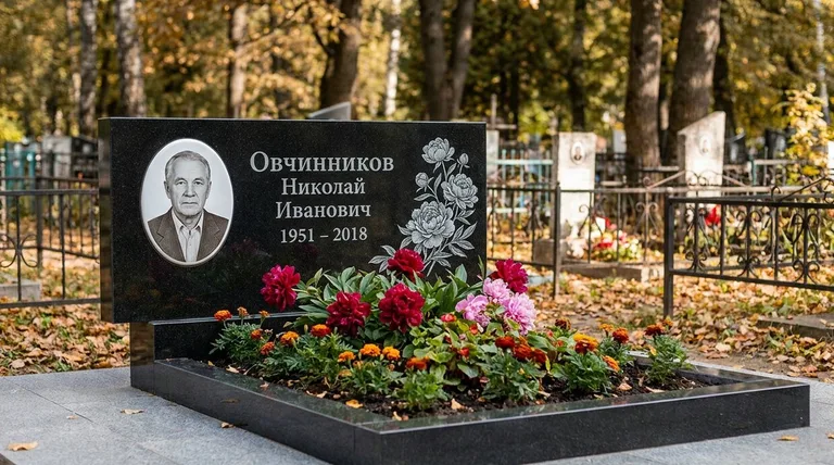 Памятник с гравировкой пионов — выполненная работа «Овчинников» в Ульяновске
