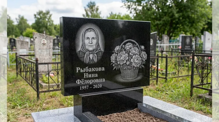 Памятник с гравировкой пионов — выполненная работа «Рыбакова» в Ульяновске