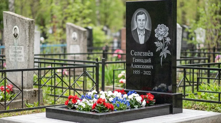 Памятник с гравировкой пионов — выполненная работа «Селезнёв» в Ульяновске