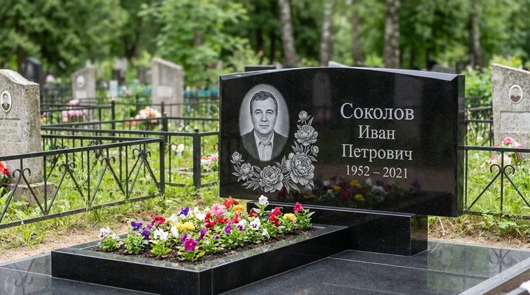 Памятник с гравировкой пионов — выполненная работа «Соколов» в Ульяновске