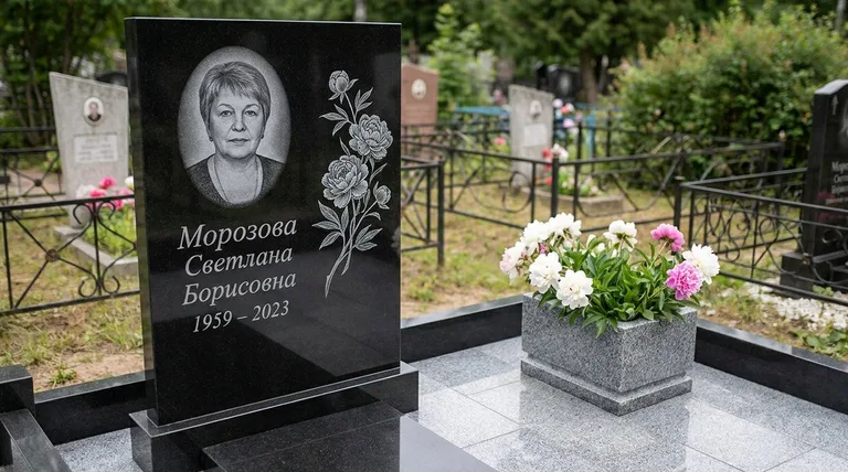 Памятник с гравировкой пионов — выполненная работа «Морозова» в Ульяновске