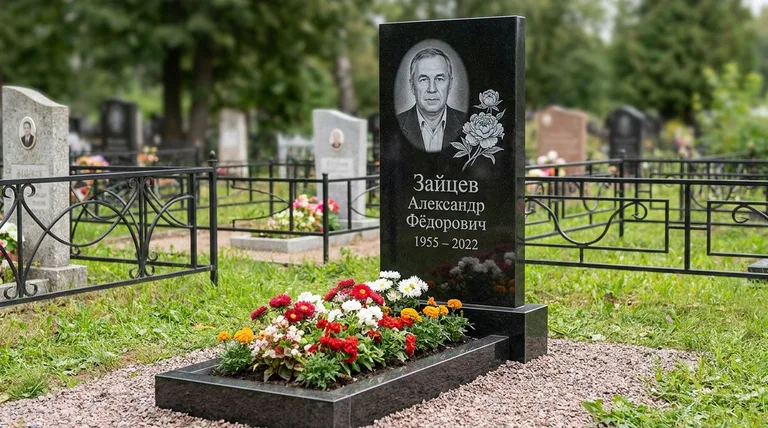 Памятник с гравировкой пионов — выполненная работа «Зайцев» в Ульяновске