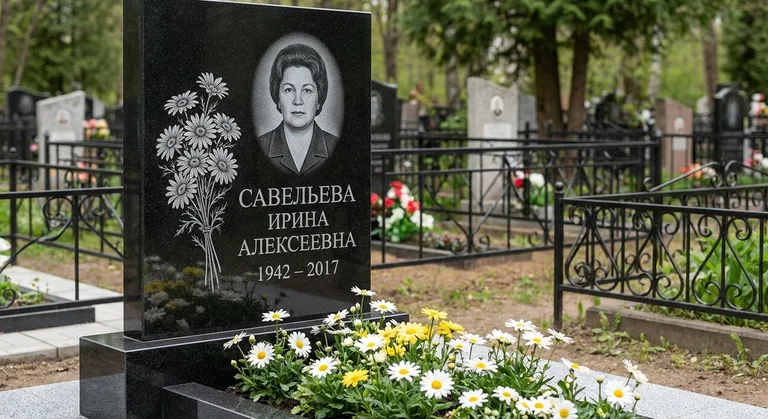 Памятник с гравировкой ромашек — выполненная работа «Савельева» в Ульяновске