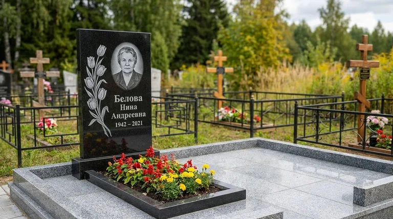 Памятник с гравировкой тюльпанов — выполненная работа «Белова» в Ульяновске