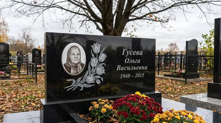 Памятник с гравировкой тюльпанов — выполненная работа «Гусева» в Ульяновске
