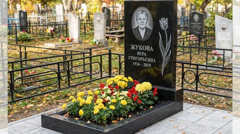 Памятник с гравировкой тюльпанов — выполненная работа «Жукова» в Ульяновске