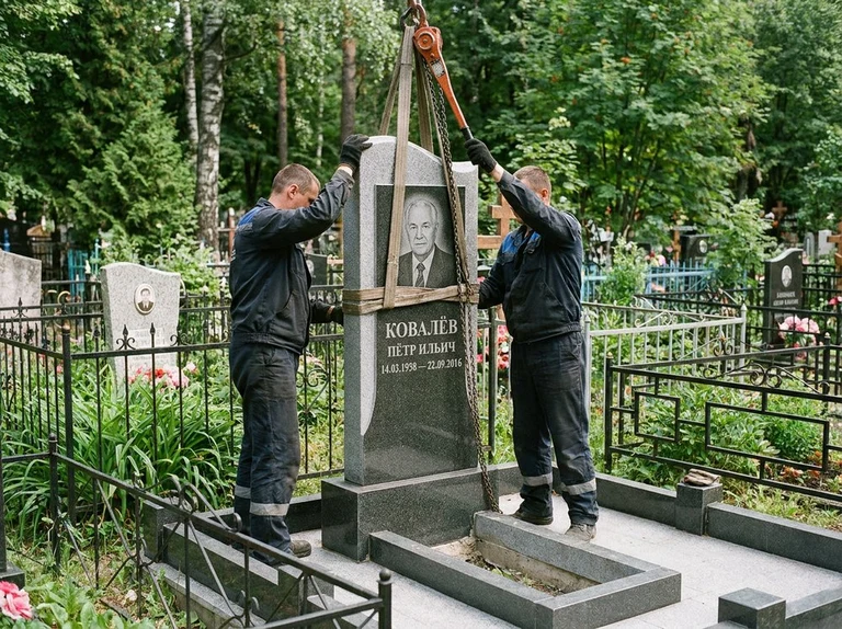 Демонтаж памятника на кладбище в Ульяновске — бригада аккуратно снимает старый гранитный памятник с могилы