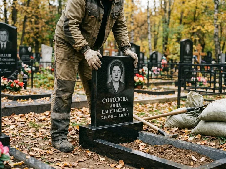 Пакет Демонтаж — бригада снимает старый памятник с могилы