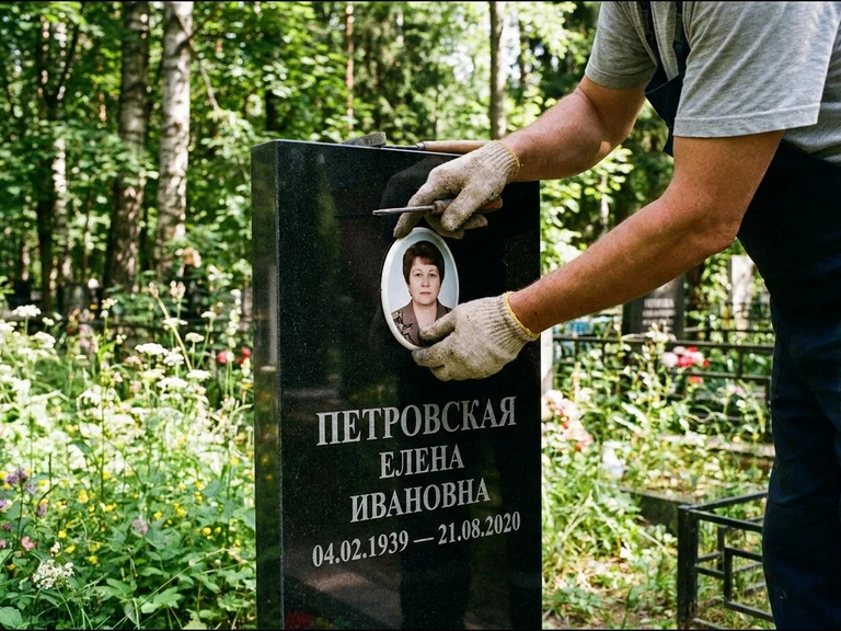 Фото на керамике на памятник в Ульяновске — мастер устанавливает овальный керамический портрет на гранитный памятник