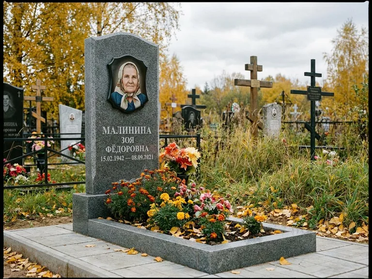 Чёрно-белый керамический портрет на памятнике в Ульяновске