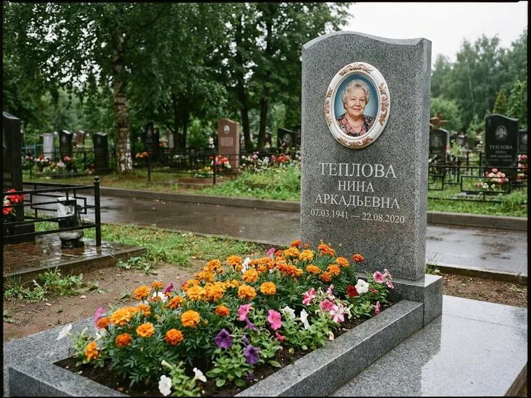 Керамический портрет на памятнике с цветами в Ульяновске