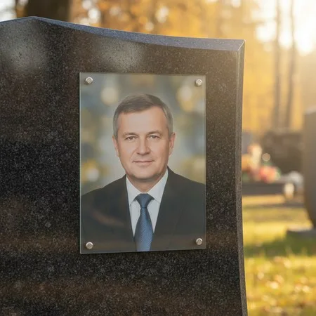 Портрет на стекле на держателях на чёрном граните в Ульяновске
