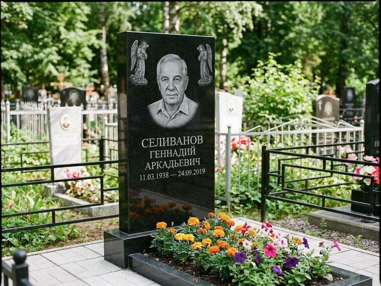 Памятник с гравировкой ангела — гравировка двух ангелов по сторонам портрета, работа «Селиванов» в Ульяновске