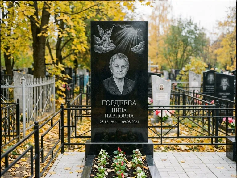Памятник с гравировкой ангела — гравировка ангела в облаках с лучами над портретом, работа «Гордеева» в Ульяновске
