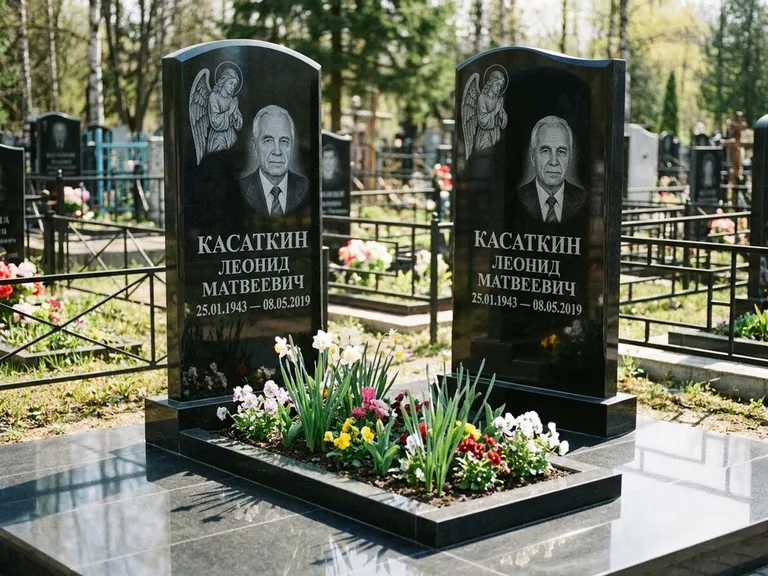 Памятник с гравировкой ангела — гравировка молящегося ангела в верхней части стелы, работа «Касаткин» в Ульяновске