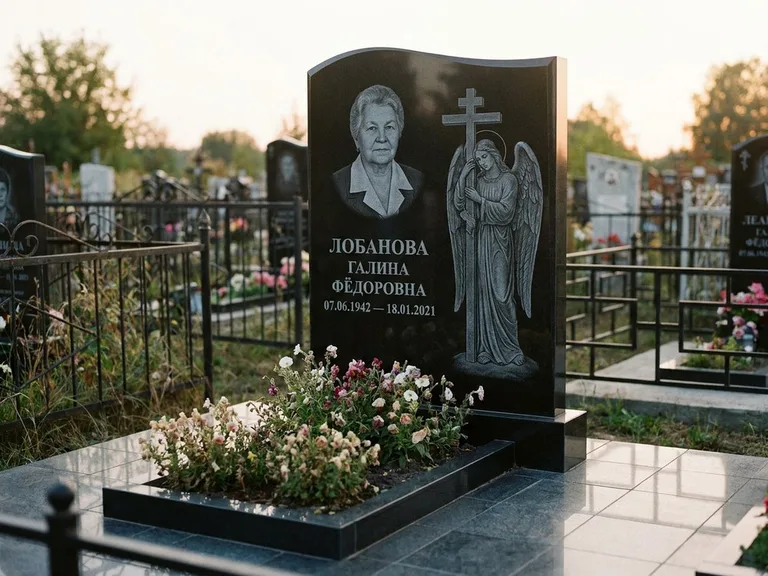 Памятник с гравировкой ангела — гравировка ангела с крестом рядом с эпитафией, работа «Лобанова» в Ульяновске