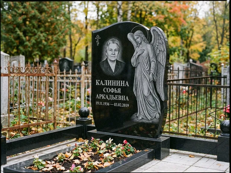 Памятник с гравировкой ангела — гравировка ангела с крестом рядом с эпитафией, работа «Игнатова» в Ульяновске