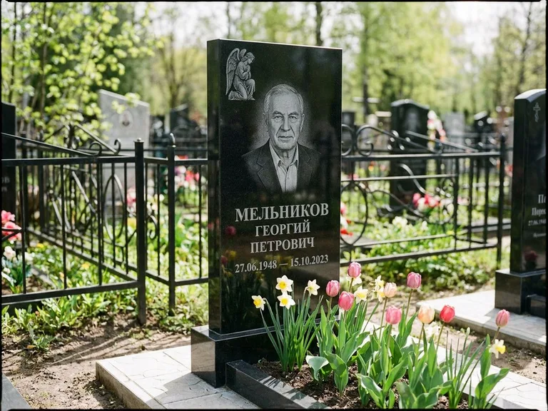 Памятник с гравировкой ангела — гравировка ангела с голубем по диагонали стелы, работа «Доронин» в Ульяновске