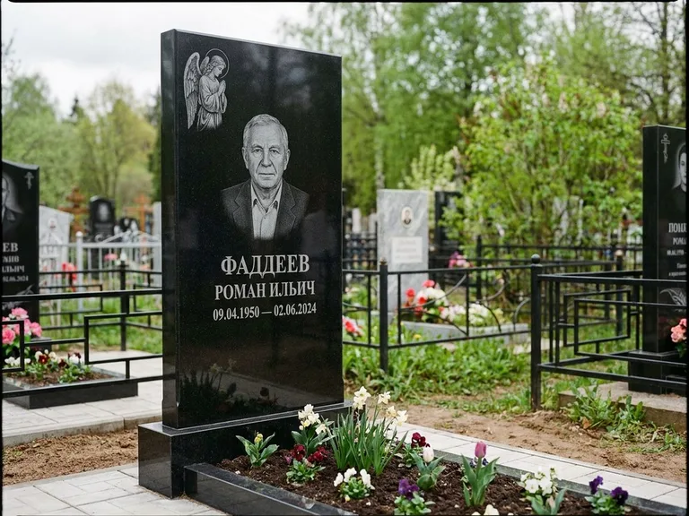 Памятник с гравировкой ангела — гравировка молящегося ангела в верхней части стелы, работа «Фаддеев» в Ульяновске